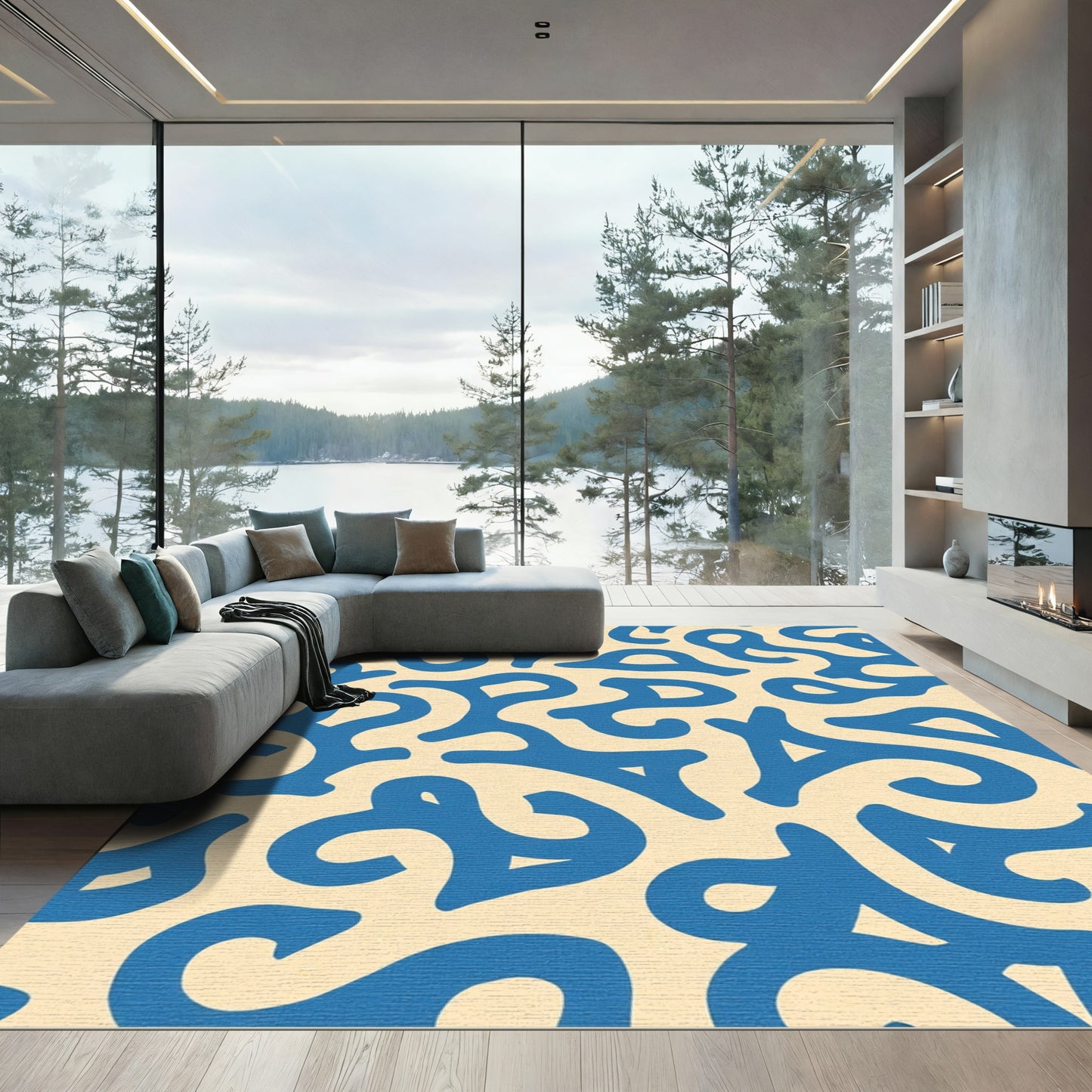 Blue Organic Swirl Cream Background Rug