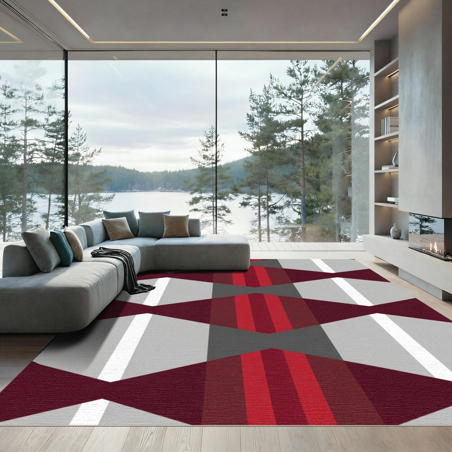 Geometric Hexagon Stripes Burgundy Rug