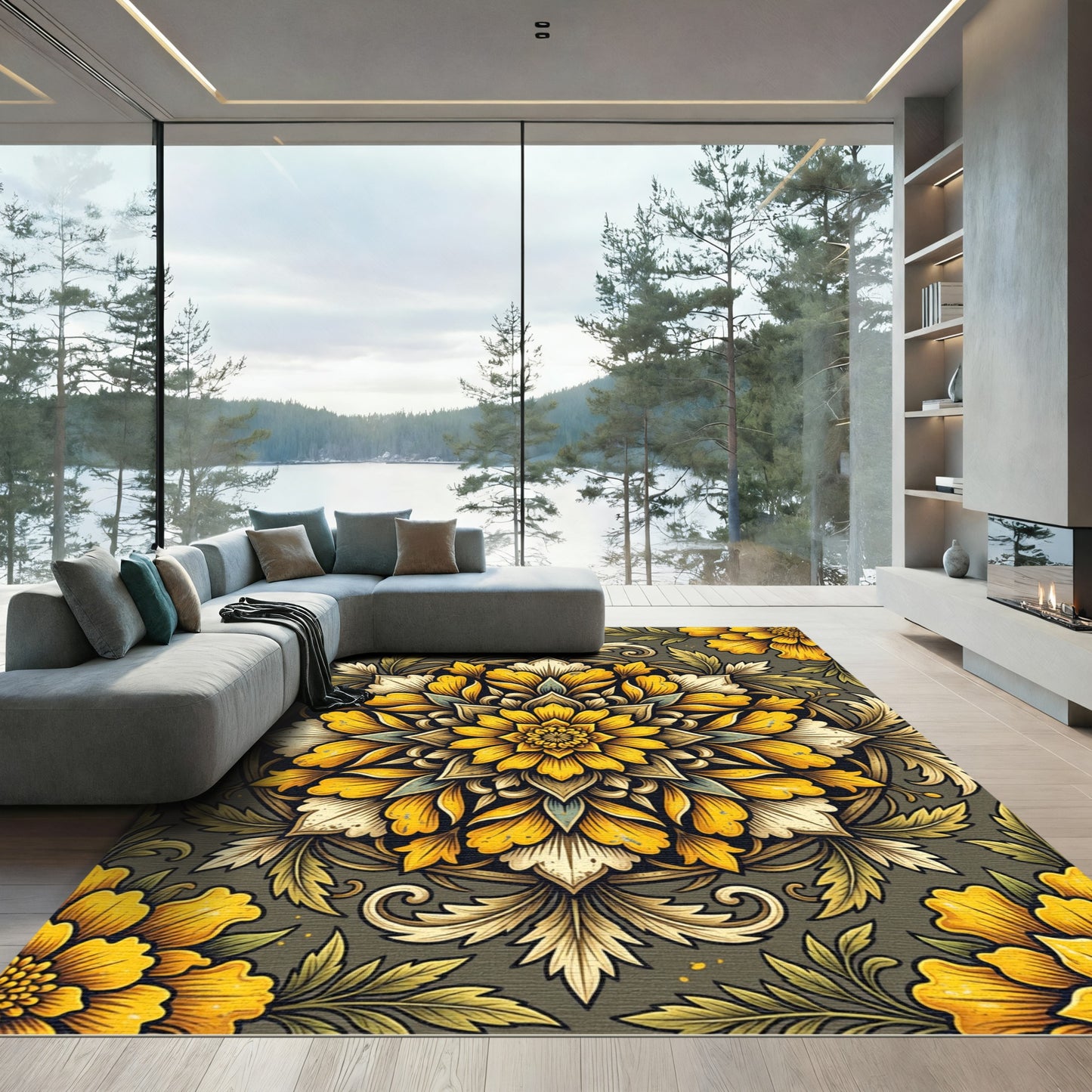 Radiant Golden Floral Mandala Scroll Rug