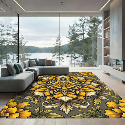 Radiant Golden Floral Mandala Scroll Rug