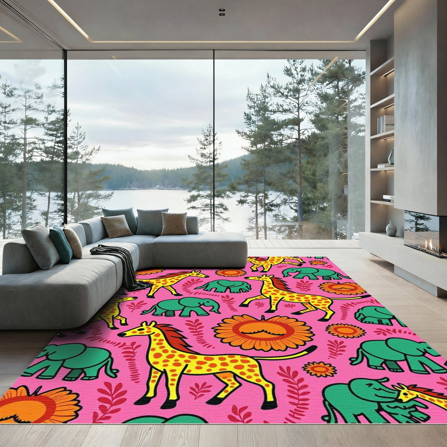 Bright Pink Giraffe Elephant Floral Meadow Rug