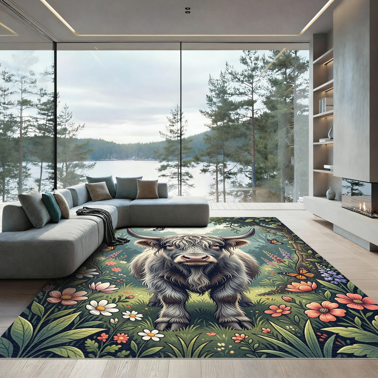 Highland Cow and Butterfly Meadow Rug