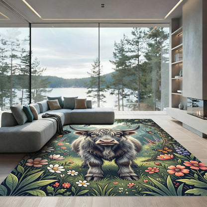 Highland Cow and Butterfly Meadow Rug