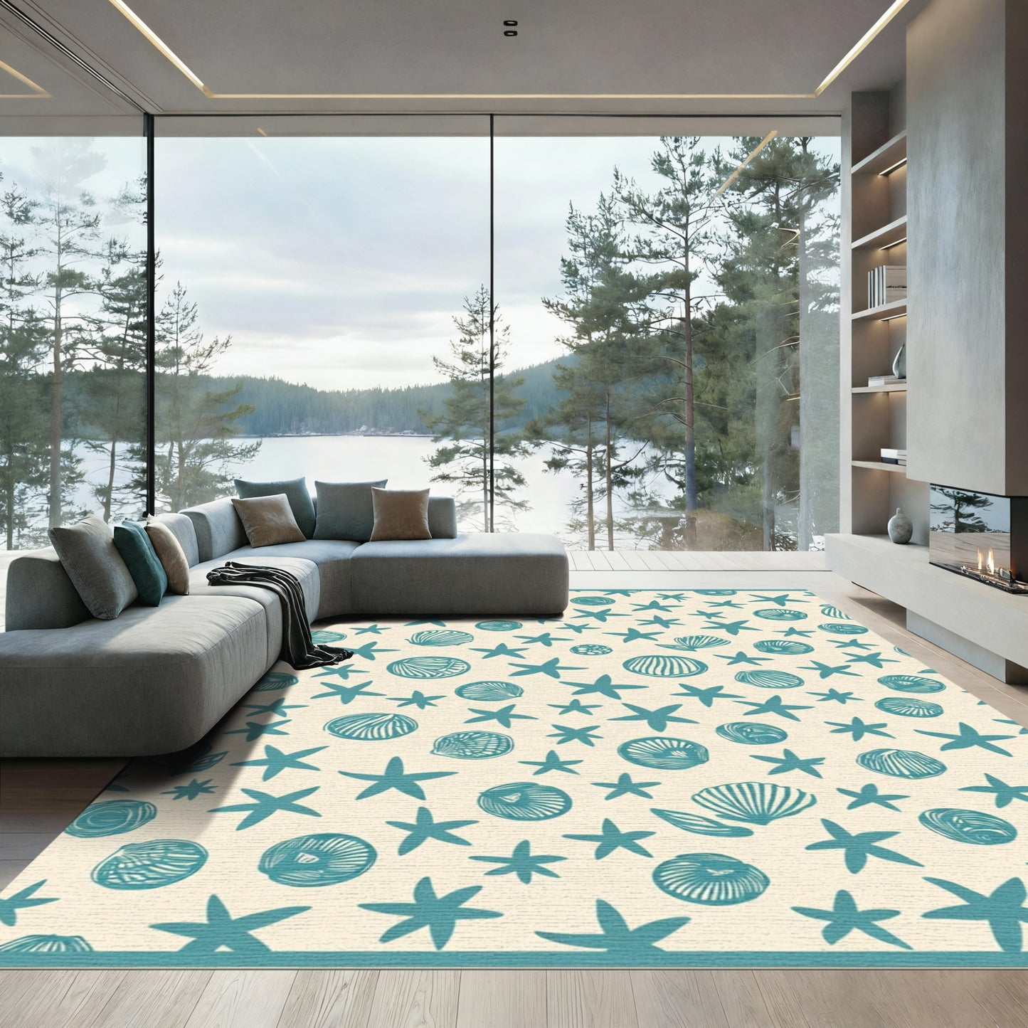 Teal Starfish Shell Nautical All-over Rug
