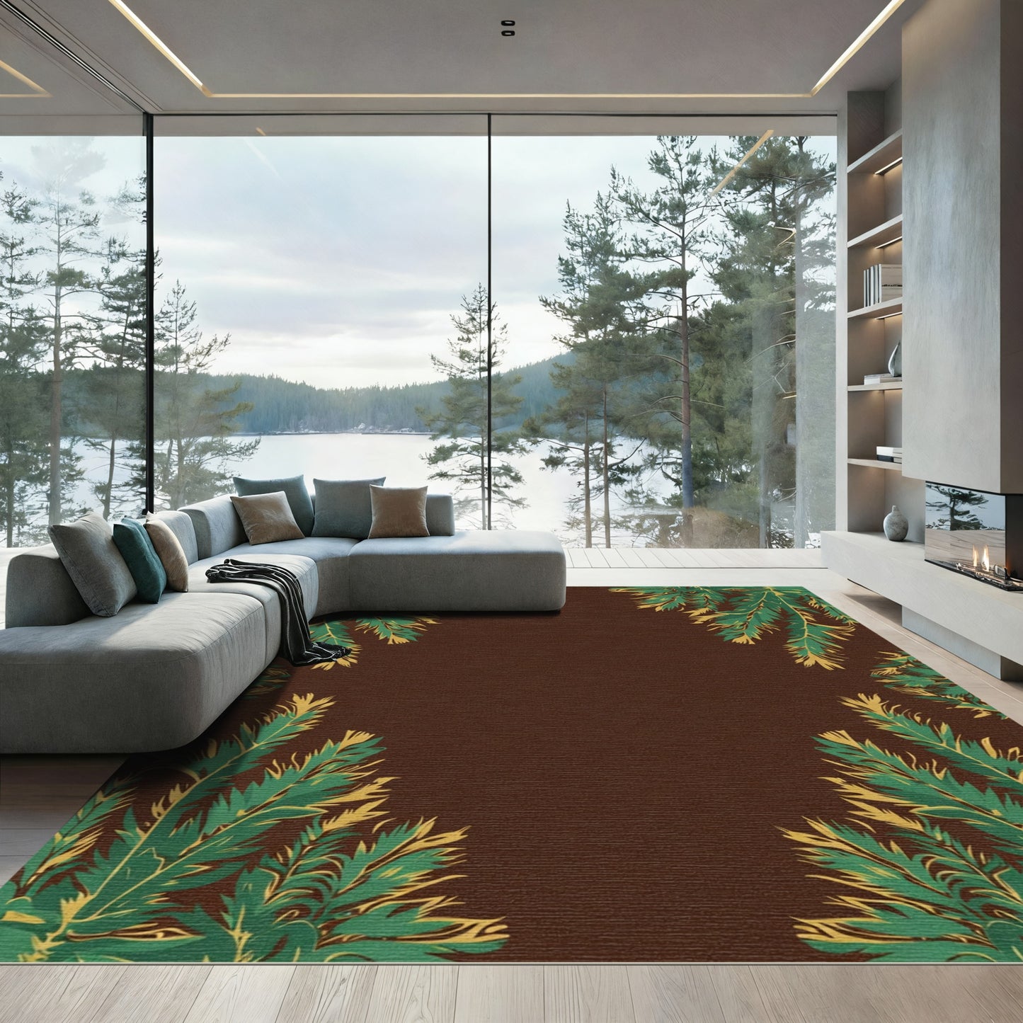 Dark Green Pine Branch Border Rug