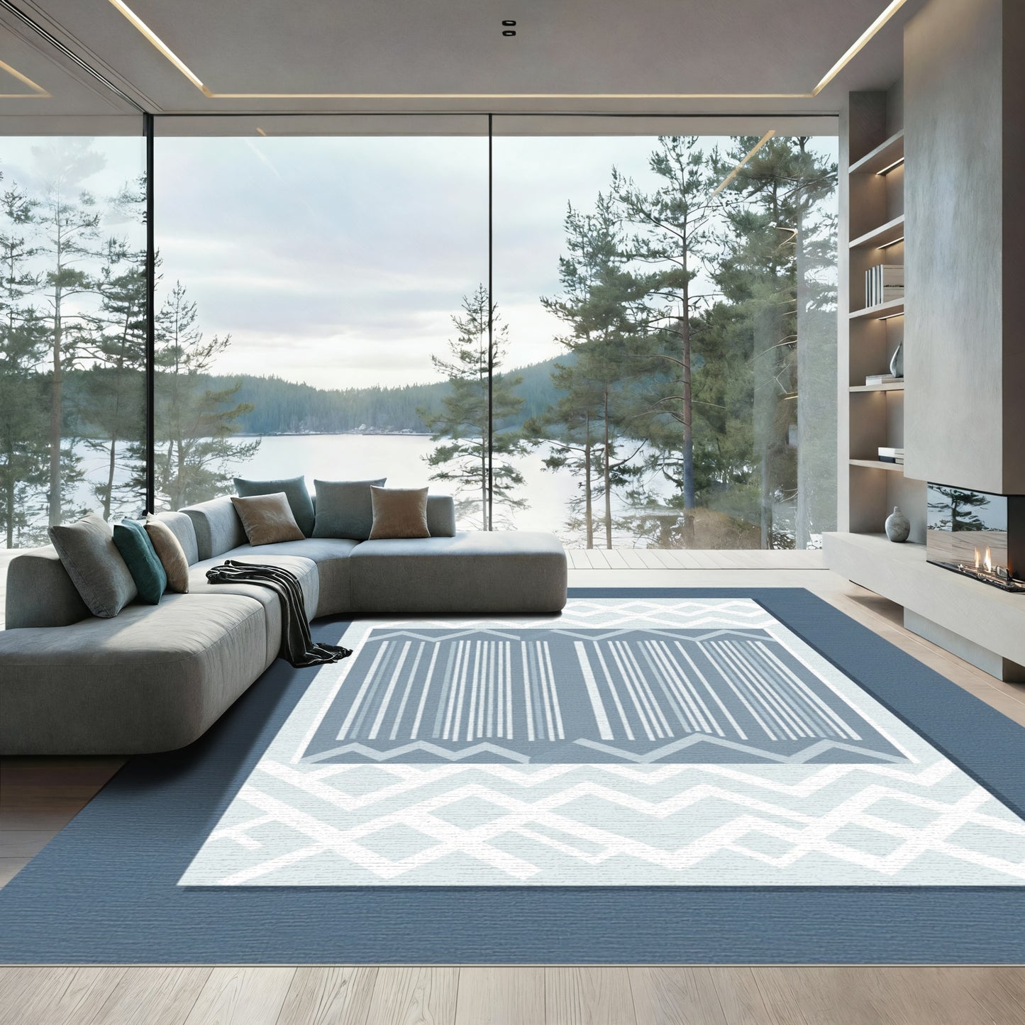 Pale Blue And White Geometric Stripes Rug