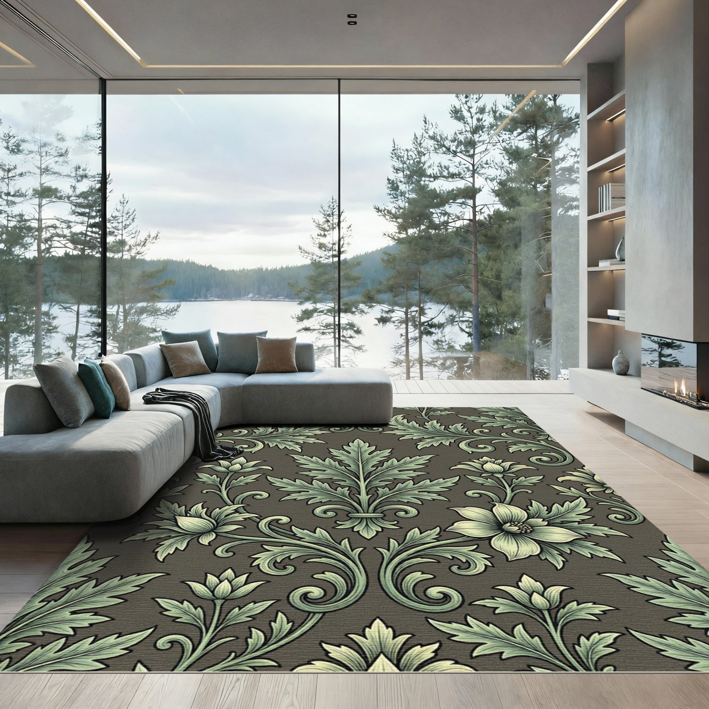 Sage Green Victorian Damask Scroll Rug