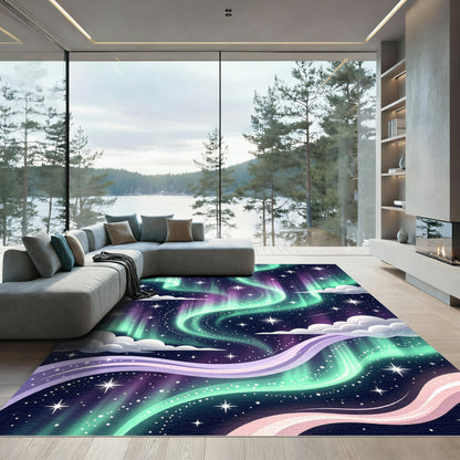 Cosmic Aurora Swirl Starry Night Rug