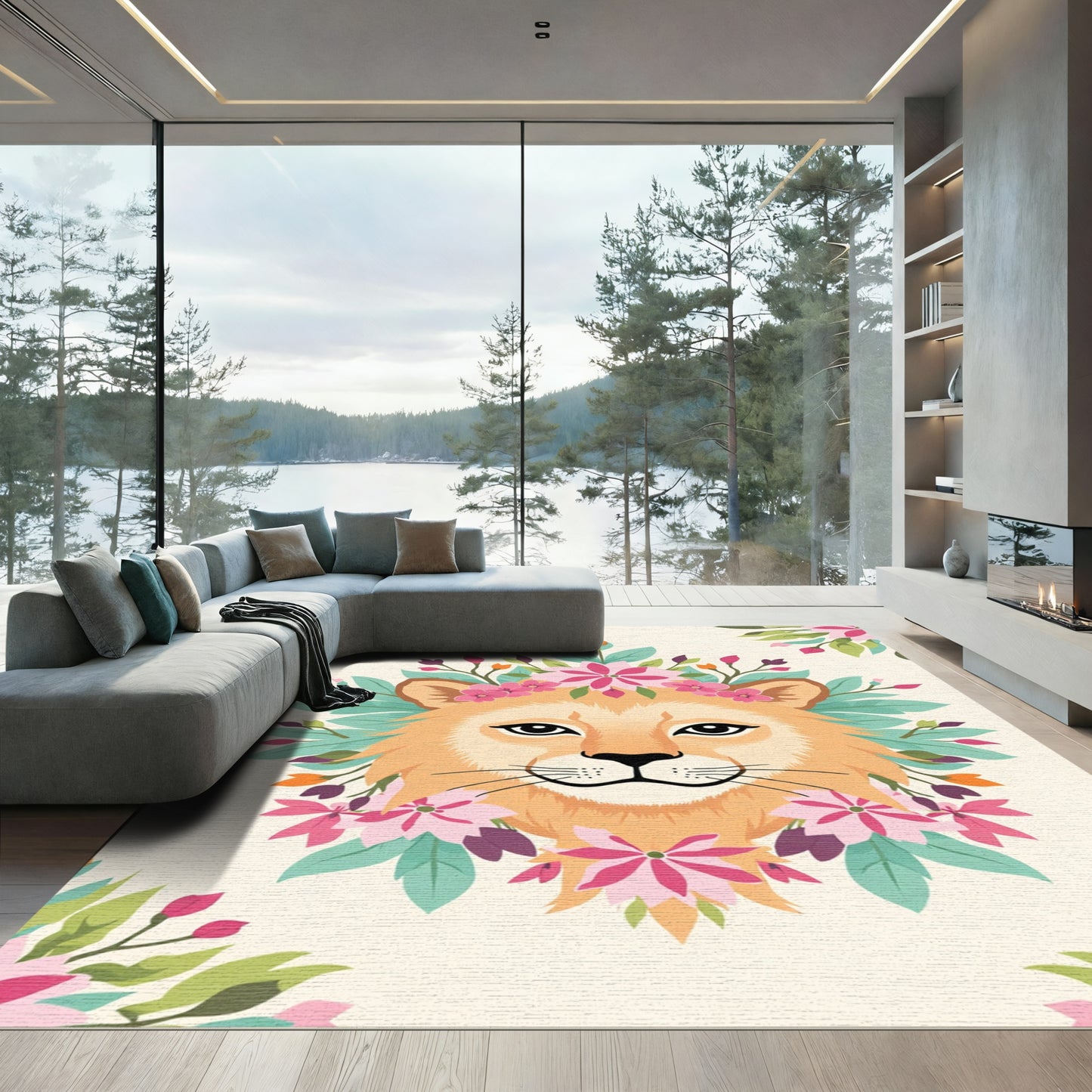 Whimsical Lion Floral Wreath Rug