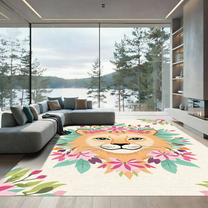 Whimsical Lion Floral Wreath Rug