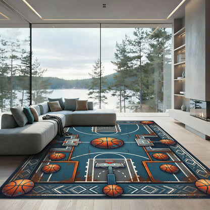 Rustic Teal Basketball Court Geometric Art Rug