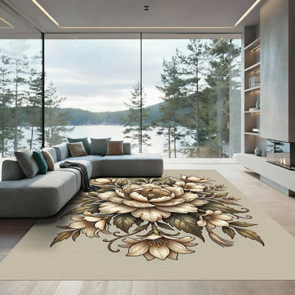 Vintage Cream Floral Botanical Illustration Rug