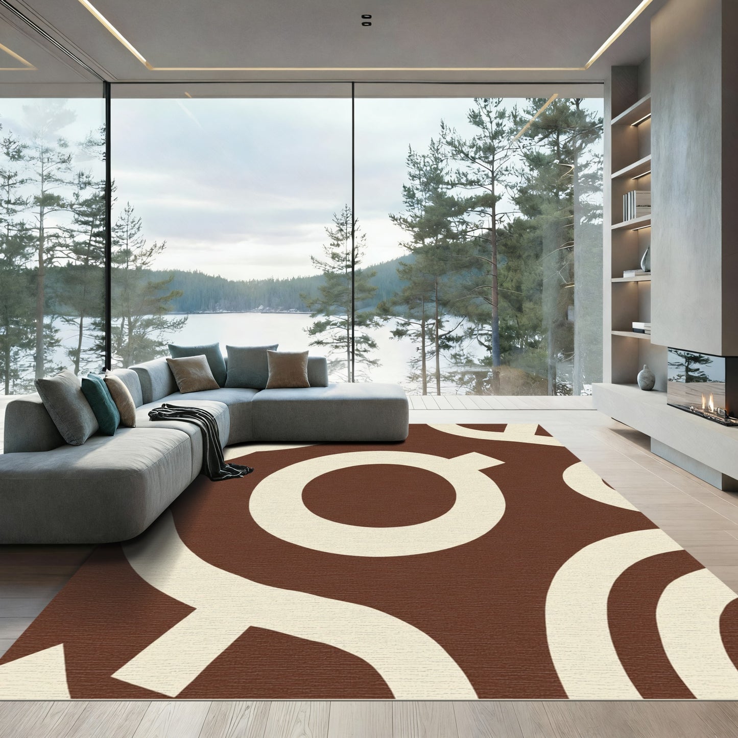 Brown Cream Abstract Circles Weave Rug