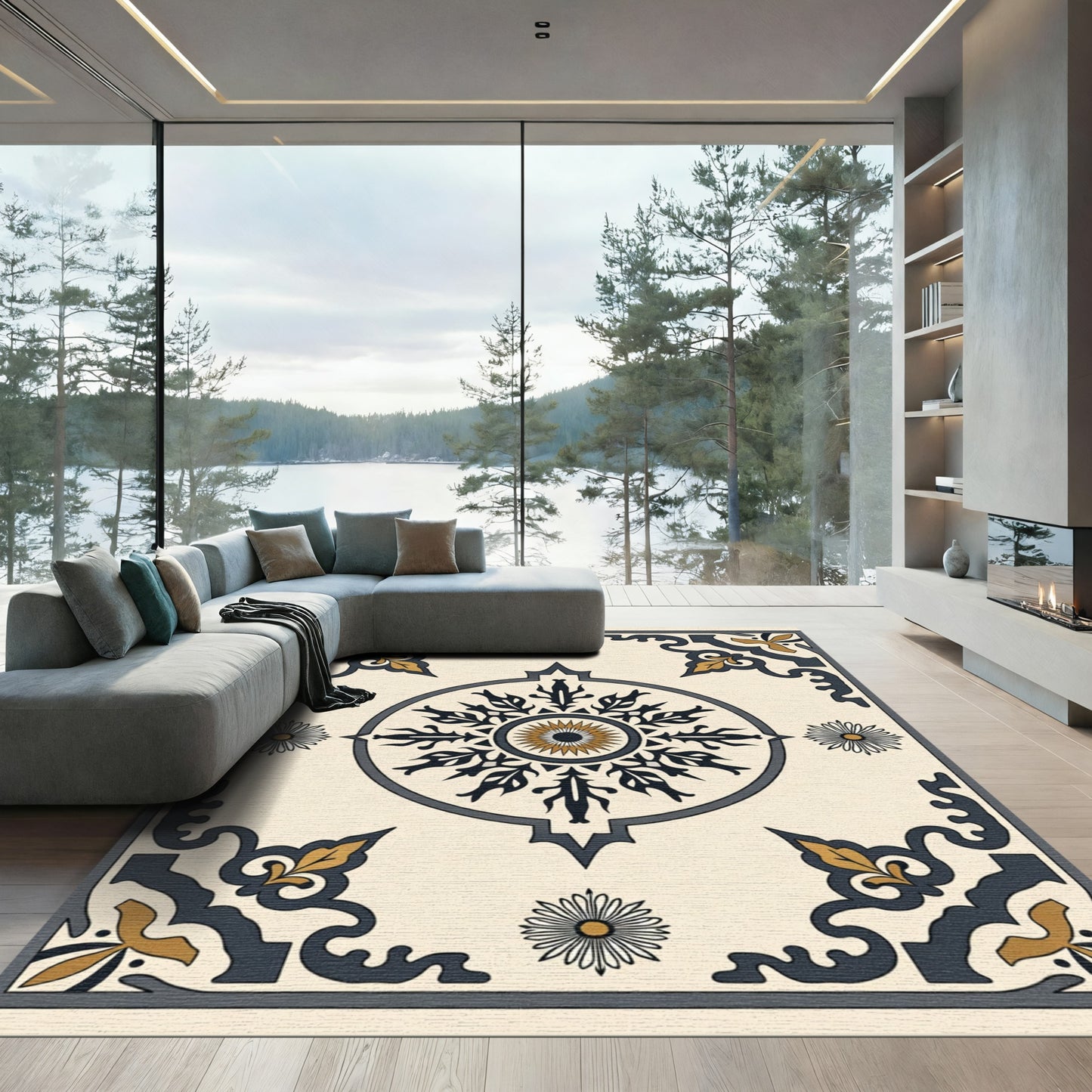 Imperial Navy Gold Sunburst Medallion Rug