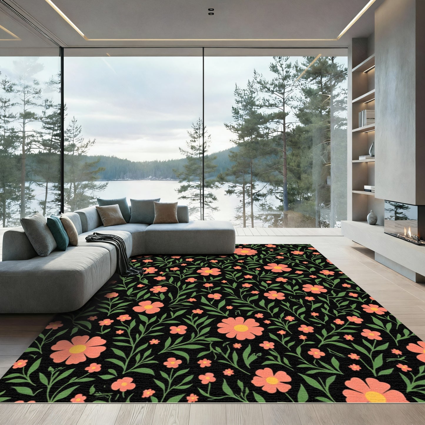 Coral Blossom Vine Black Rug