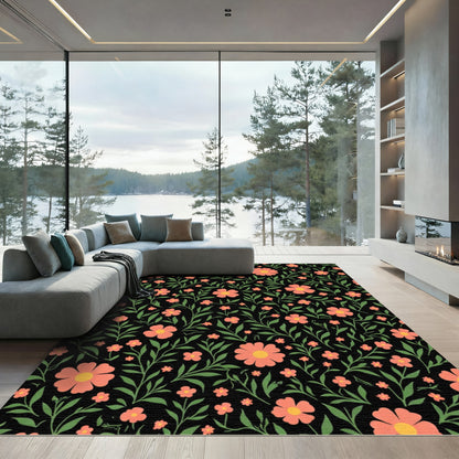Coral Blossom Vine Black Rug