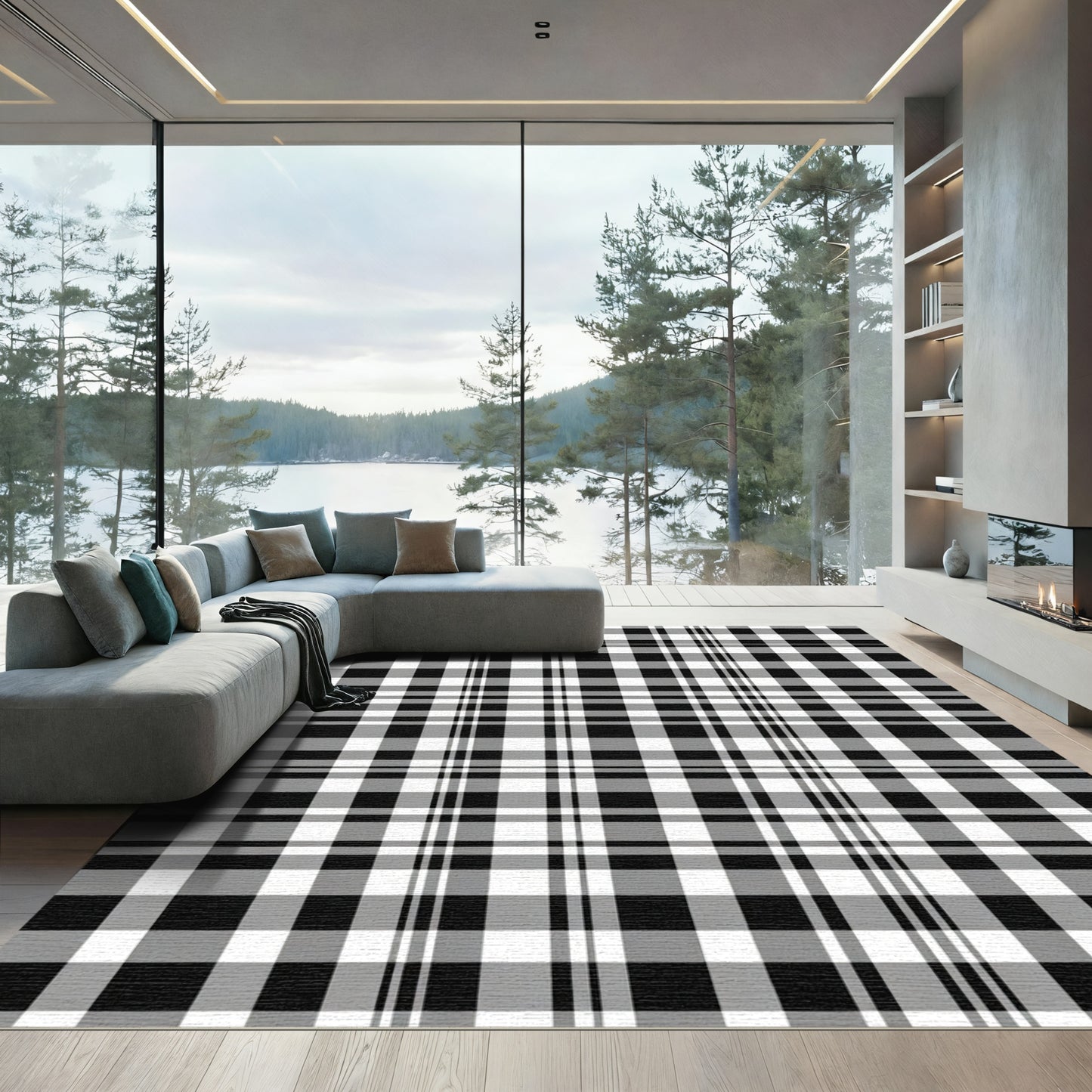 Black White Gray Plaid Checkered Rug