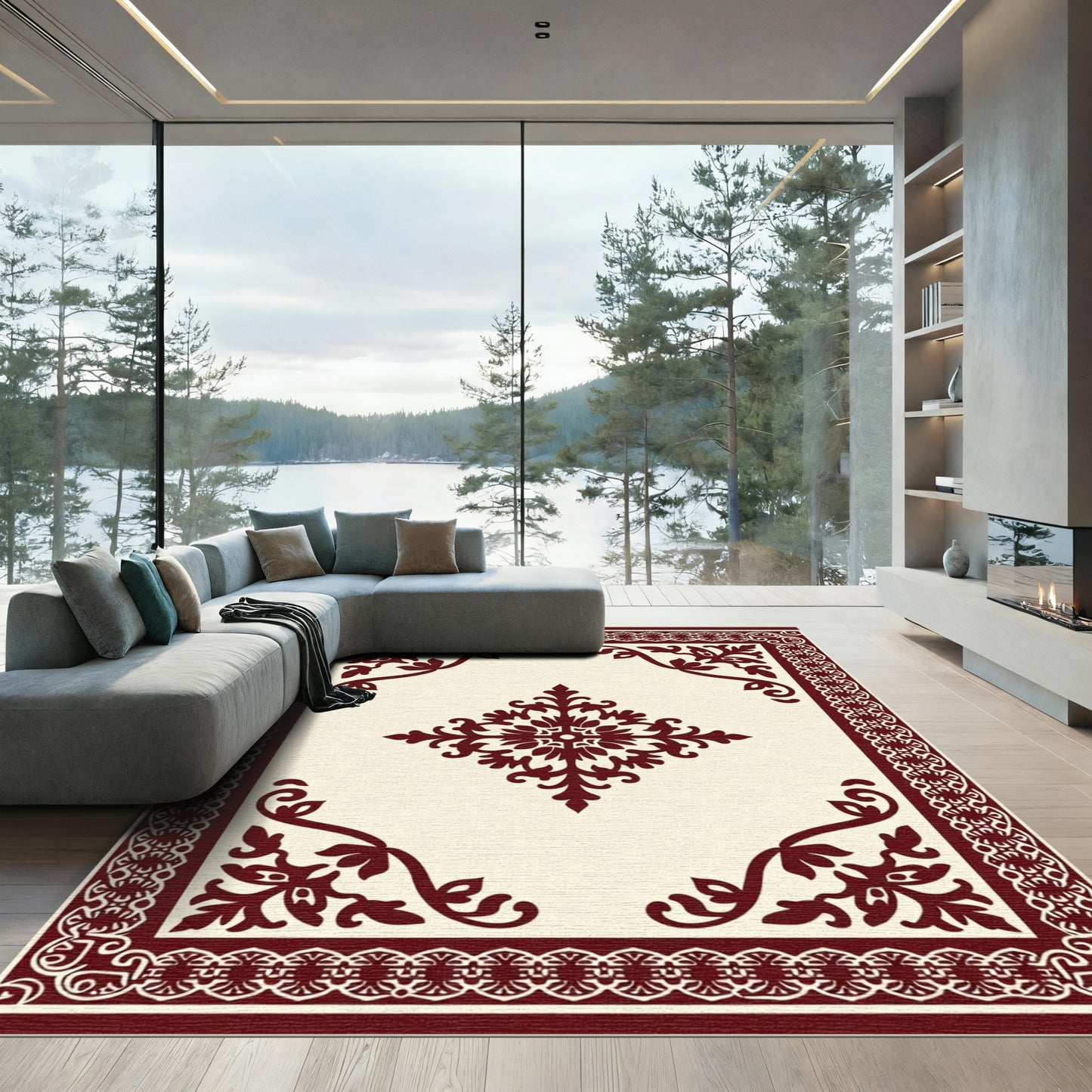 Crimson Laurel Arabesque Border Rug
