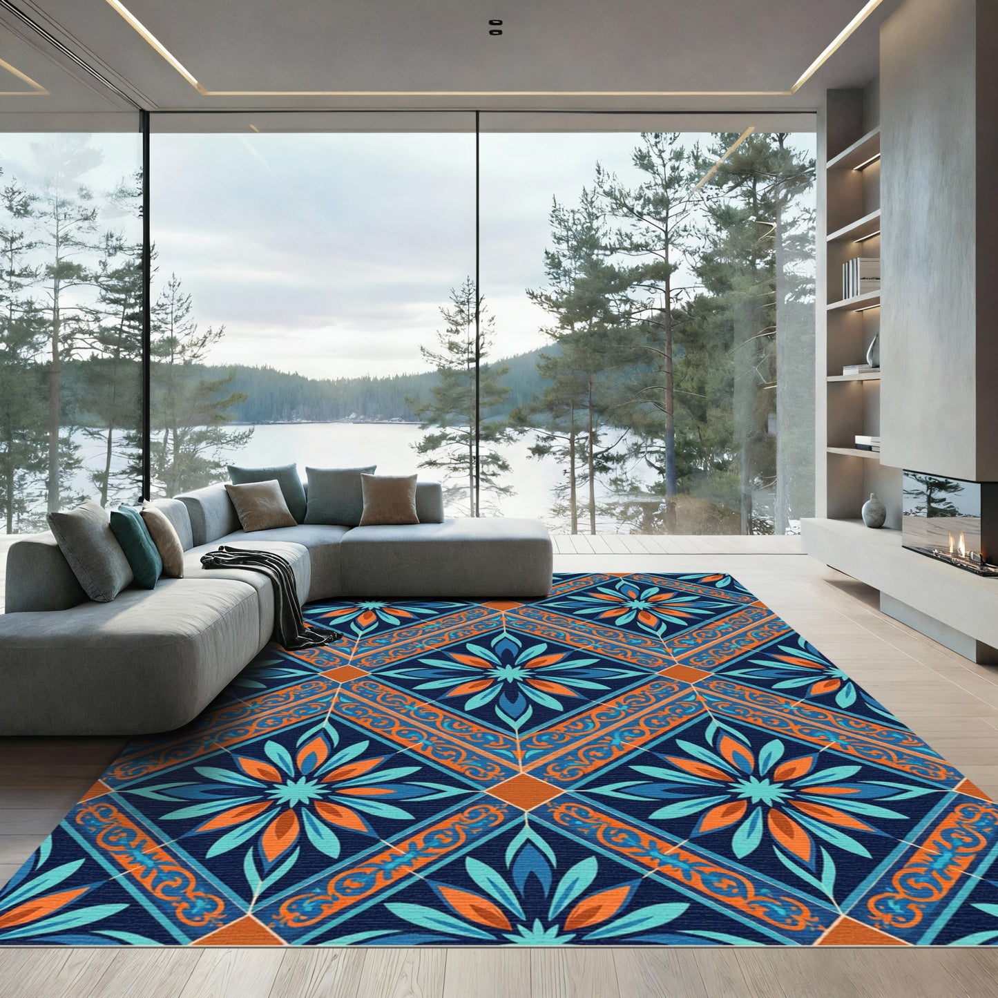 Navy Orange Blue Floral Diamond Rug