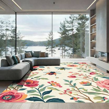 Whimsical Bees Watercolor Floral Garden Rug