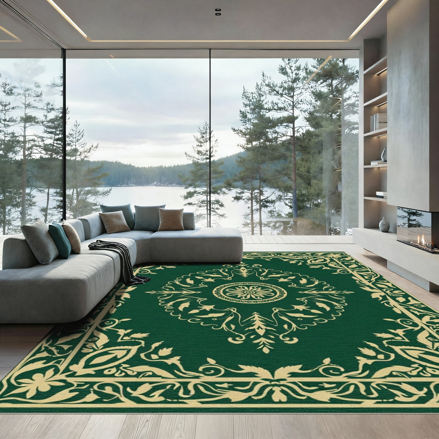 Rich Emerald Intricate Scrollwork Border Rug