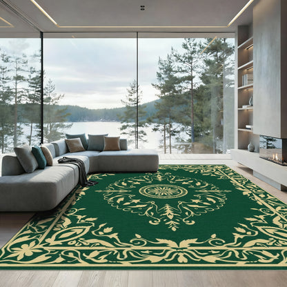 Rich Emerald Intricate Scrollwork Border Rug