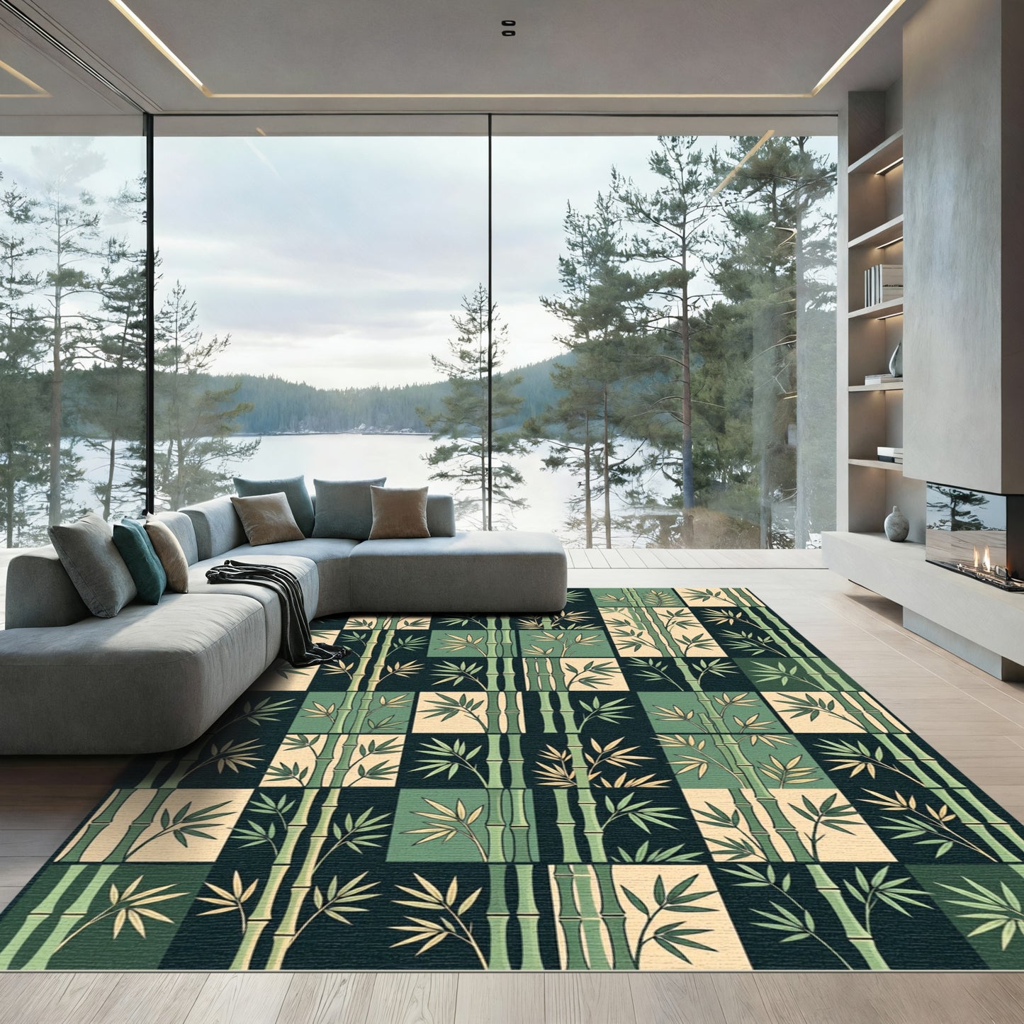Bamboo Forest Grid Sage Olive Cream Rug