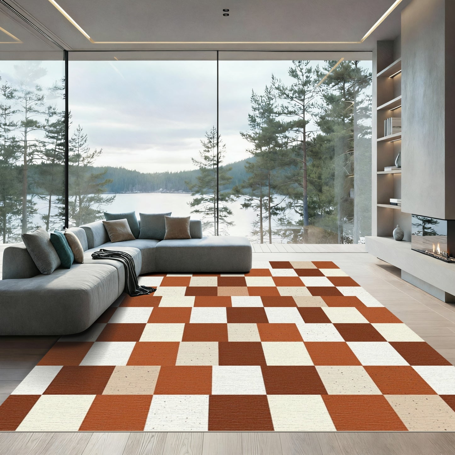 Terracotta Cream Brown Checkerboard Rug