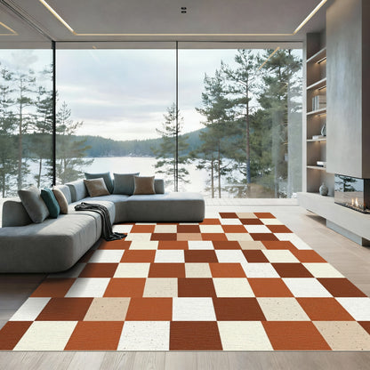 Terracotta Cream Brown Checkerboard Rug