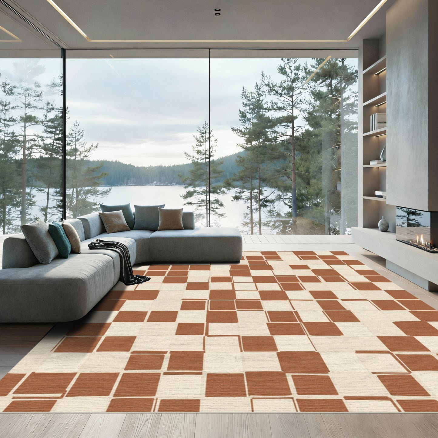 Earthy Brown Checked Grid Rug
