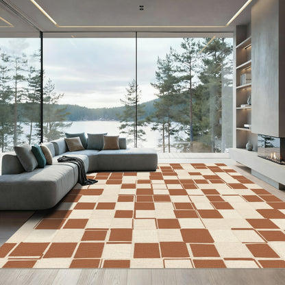 Earthy Brown Checked Grid Rug