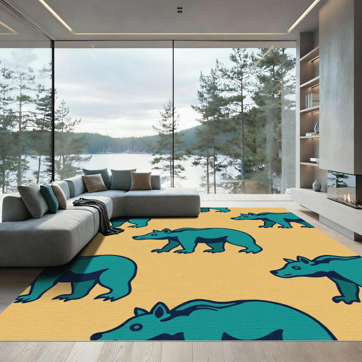 Teal Bear Repeating Meadow Pattern Rug
