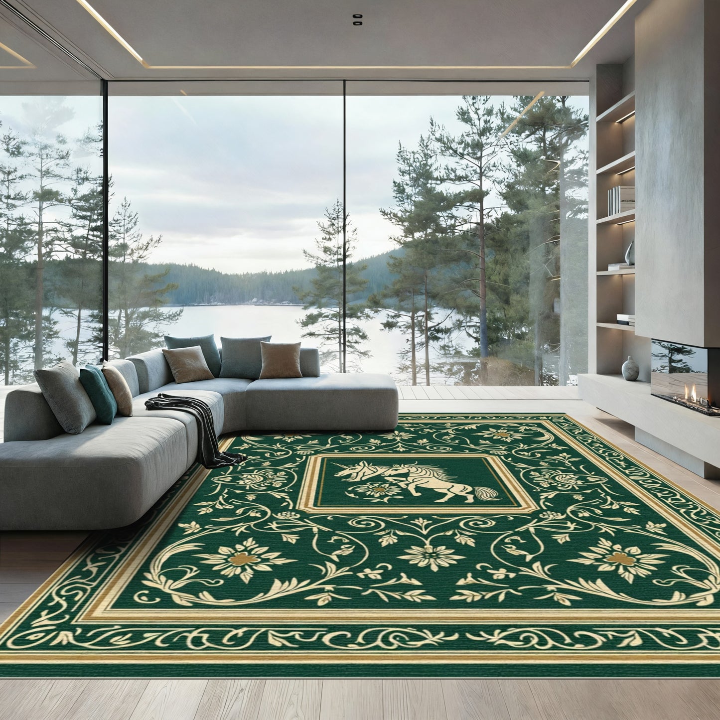 Emerald Green Unicorn Floral Arabesque Rug