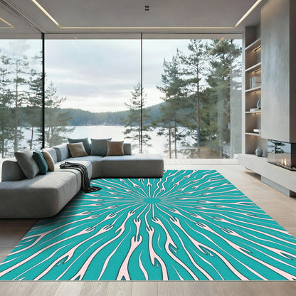 Teal White Forkburst Sunburst Rug