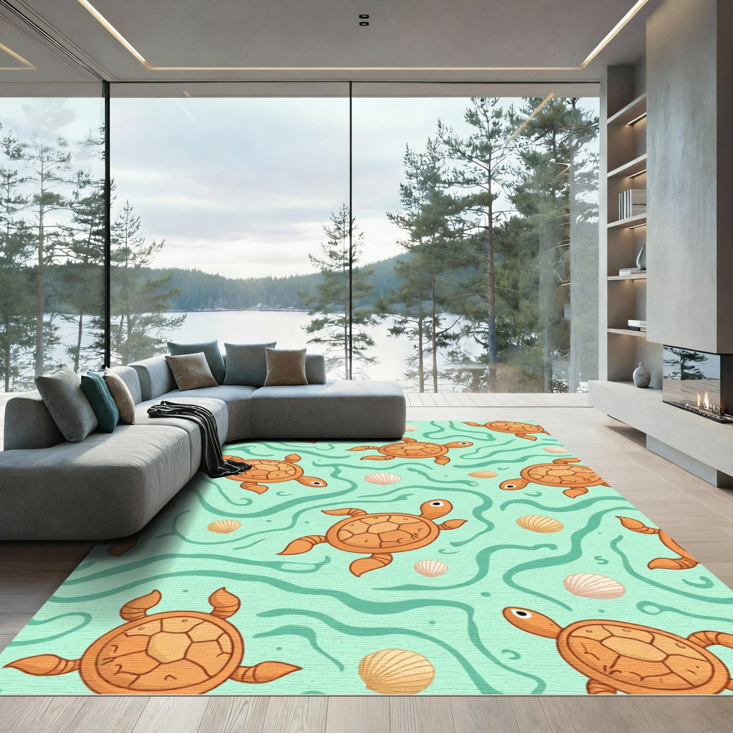 Whimsical Orange Turtles Sea Swirl Rug