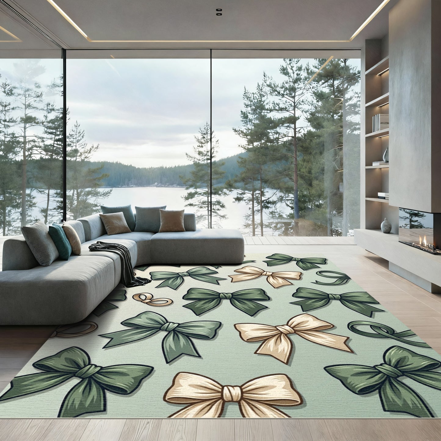 Sage and Cream Elegant Ribbon Bows Rug