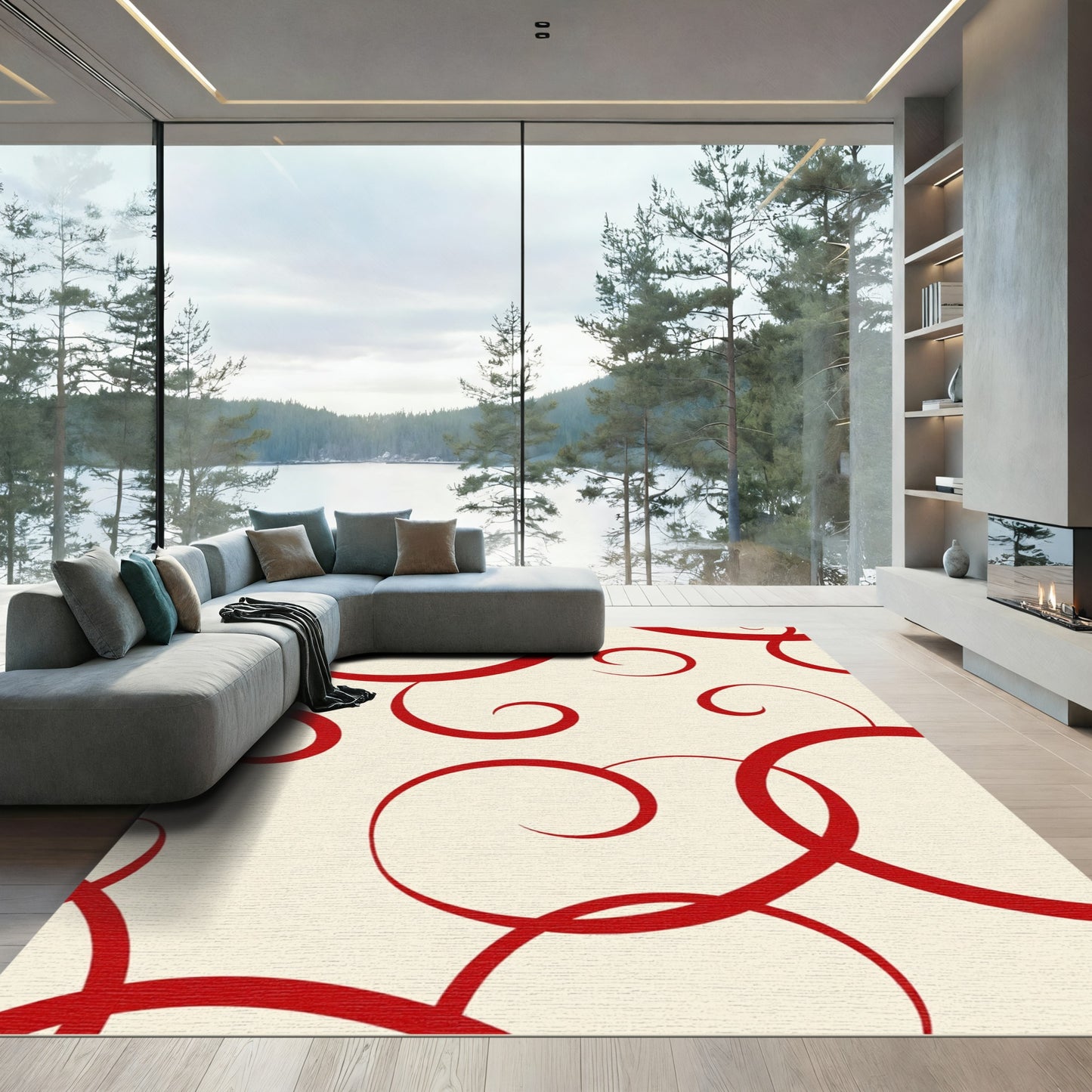 Crimson Swirls Cream Background Rug