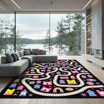 Pink Yellow Houses Rainbow Eye Black Rug
