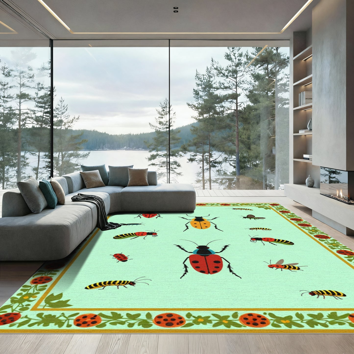 Whimsical Ladybug Insects Square Border Rug