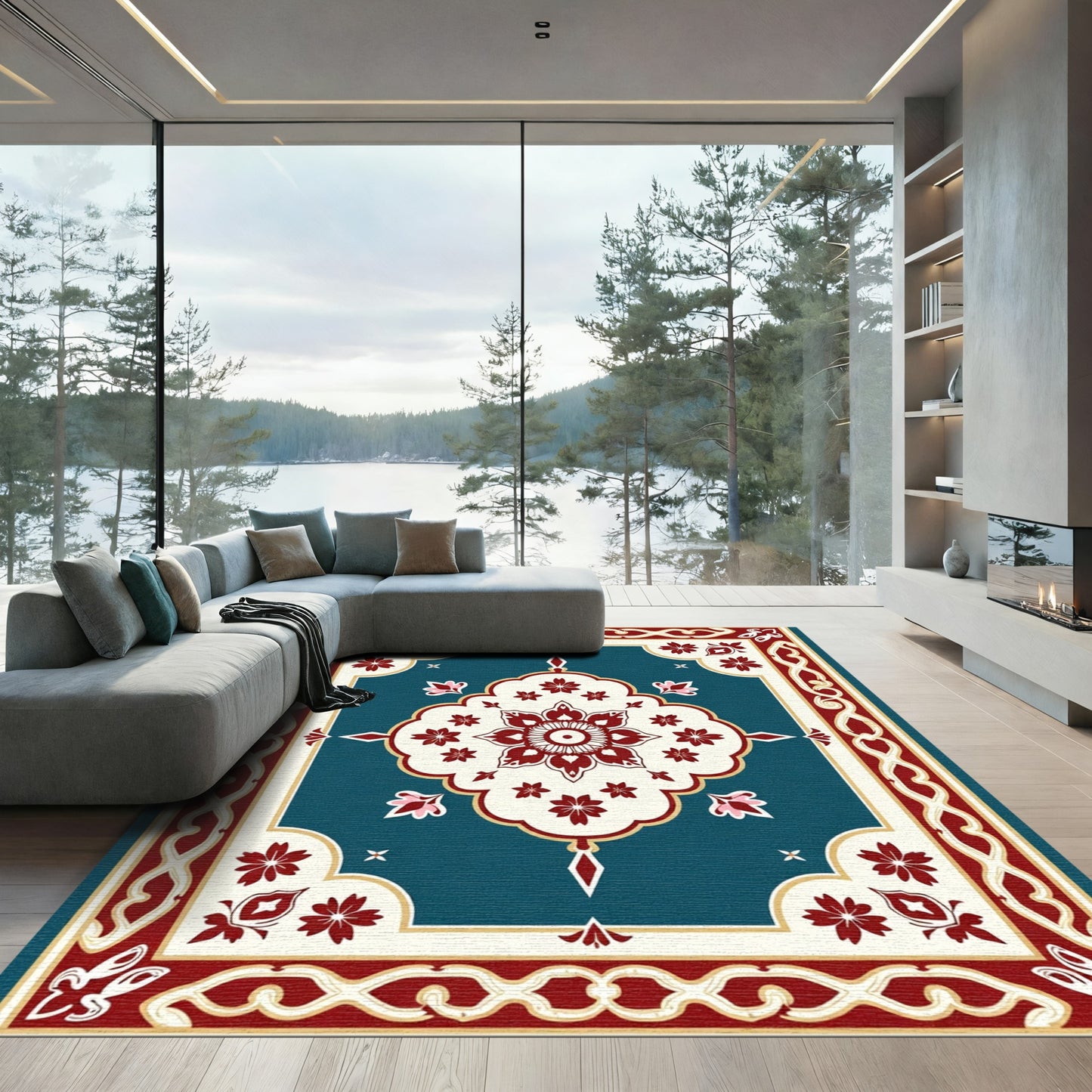 Deep Teal Red Floral Medallion Rug