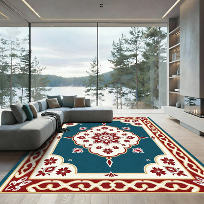 Deep Teal Red Floral Medallion Rug