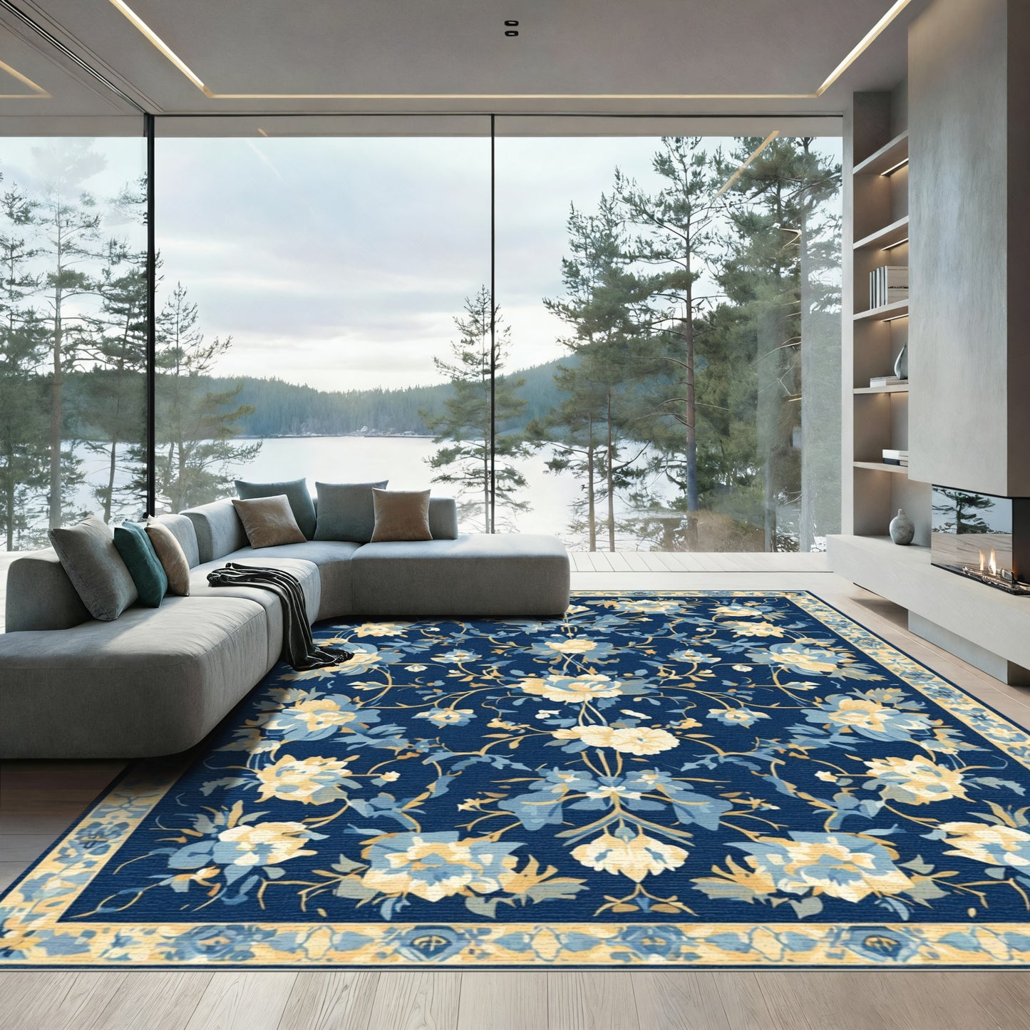 Indigo Floral Sprig Garden Rug