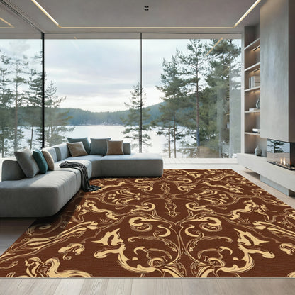Rich Brown Gold Baroque Swirl Rug
