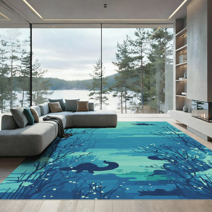 Deep Blue Underwater Sea Turtle Scene Rug