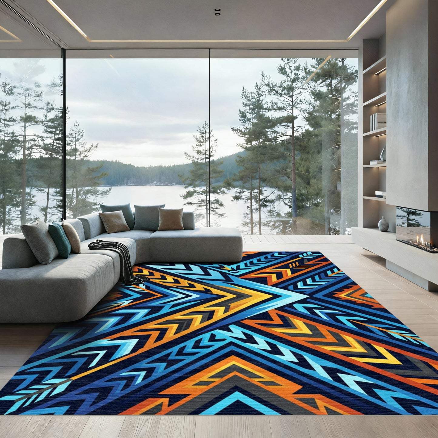 Vibrant Blue Orange Geometric Arrows Rug