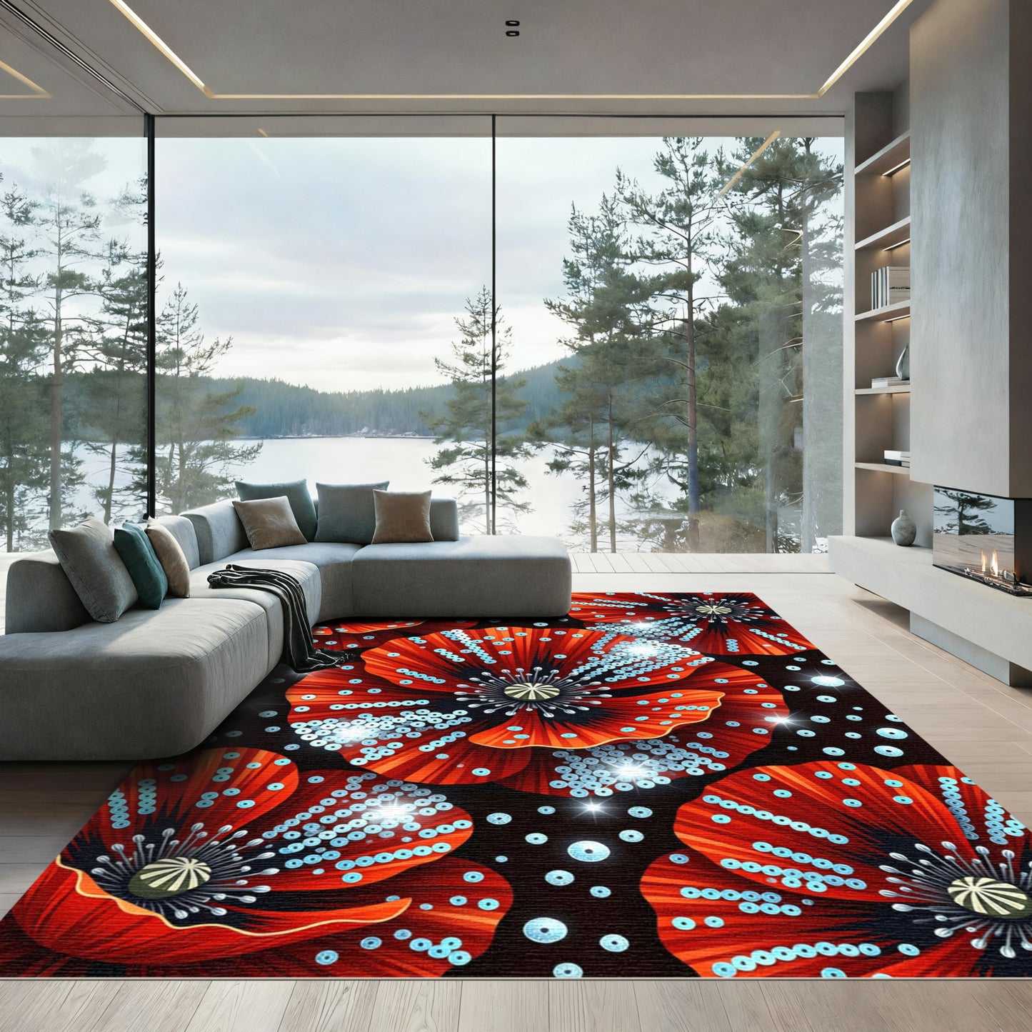 Vibrant Red Poppies Glittering Accents Rug