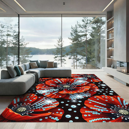 Vibrant Red Poppies Glittering Accents Rug