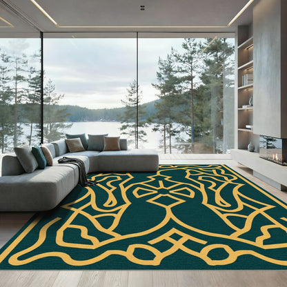 Deep Teal Yellow Abstract Symmetry Rug