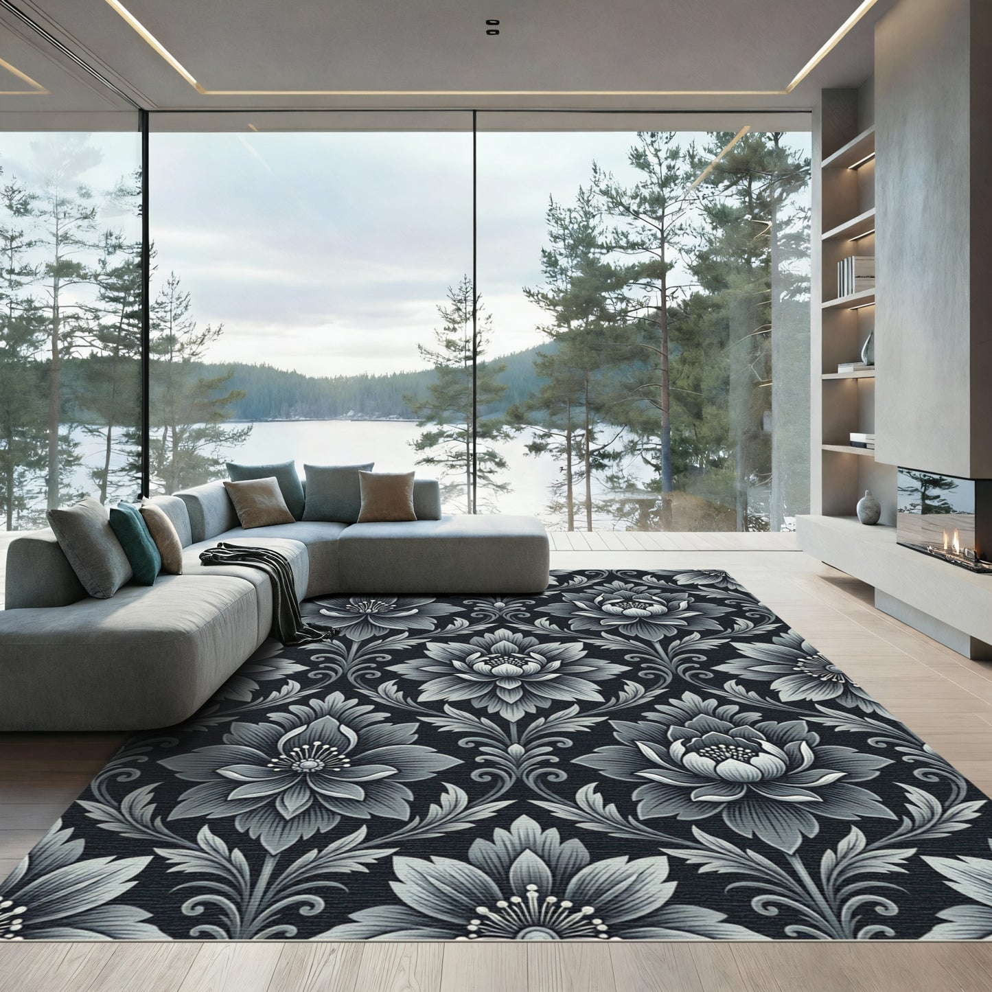 Monochromatic Floral Damask Arrangement Rug
