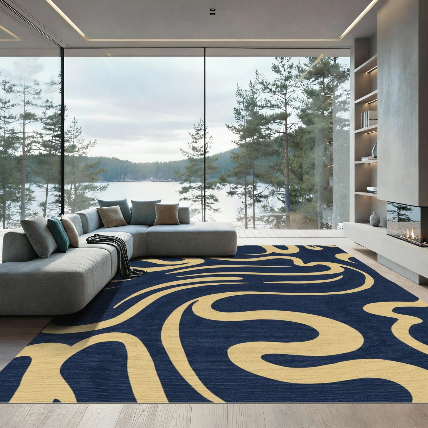 Golden Swirl Abstract Navy Rug